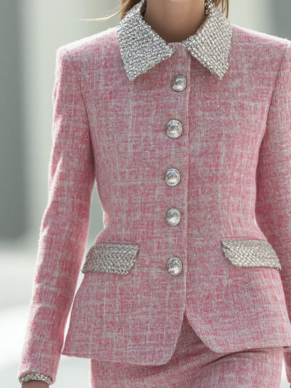 Elegant And Exquisite Silver Collar Pink Tweed Jacket And Skirt Set