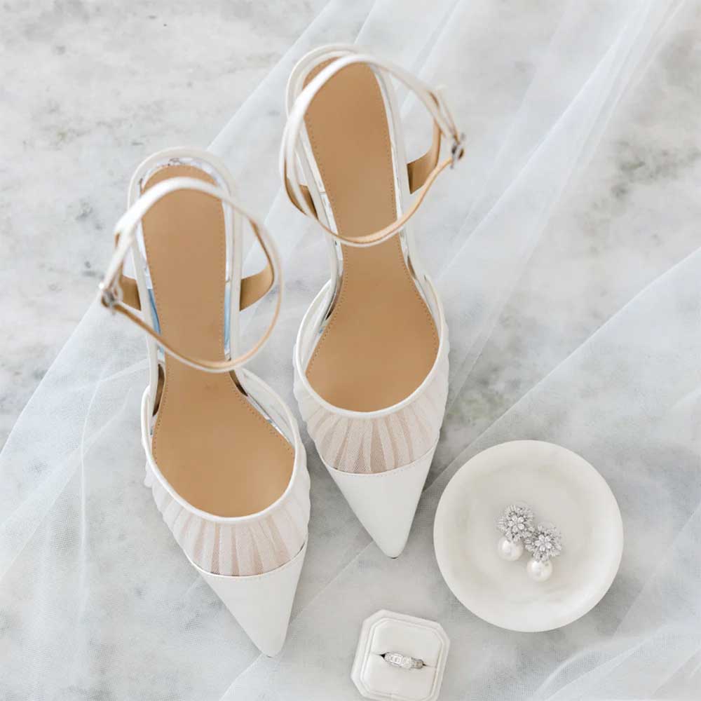 Elegant White Mesh & Satin Pointed Toe Pumps Shoes with Ankle Strap