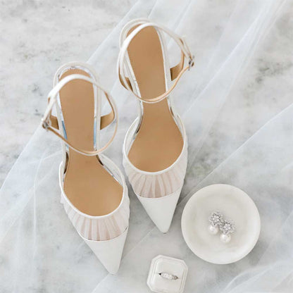 Elegant White Mesh & Satin Pointed Toe Pumps Shoes with Ankle Strap