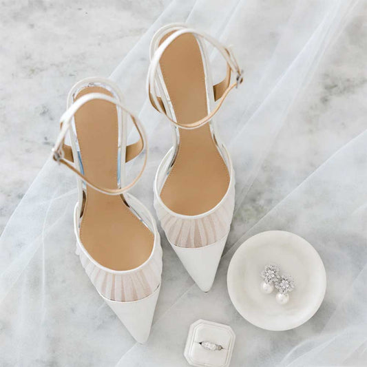 Elegant White Mesh & Satin Pointed Toe Pumps Shoes with Ankle Strap