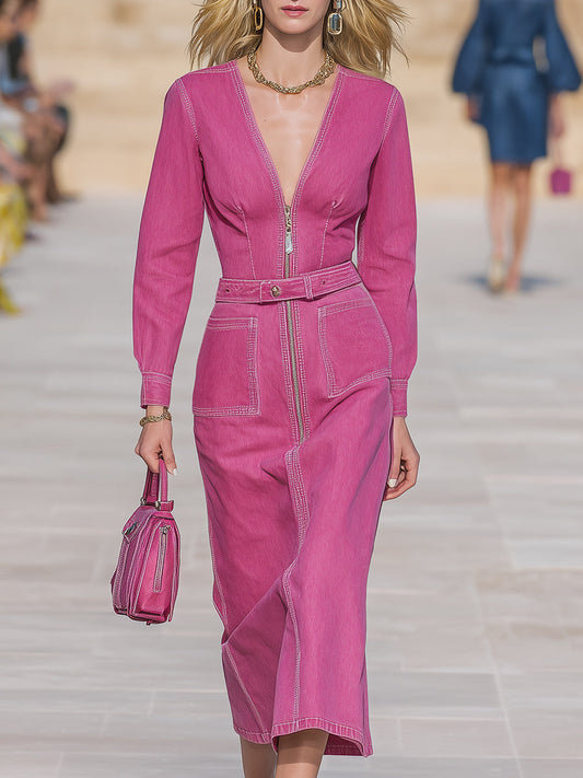 Exquisite And Fashionable V-neck Dragon Fruit Color Denim Midi Dress