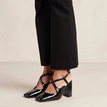 Full Black Patent Leather Mary Jane Designer Chunky Heel Slingback Mary Janes