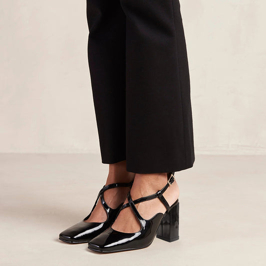 Full Black Patent Leather Mary Jane Designer Chunky Heel Slingback Mary Janes