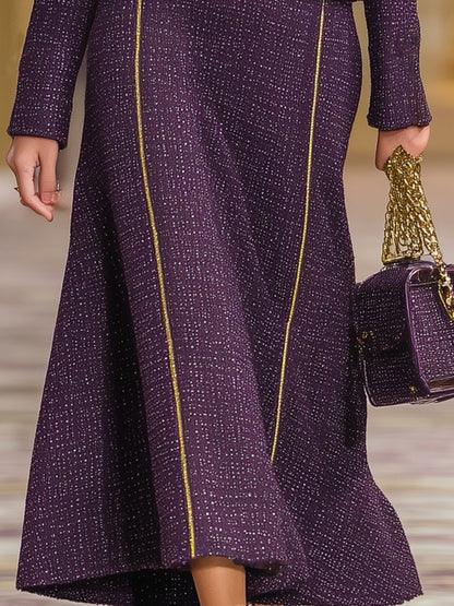 Elegant Purple Tweed And Gold Maxi Dress