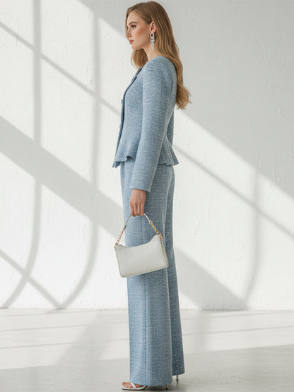 Elegant And Intellectual Blue Tweed Jacket And Wide-leg Pants Set