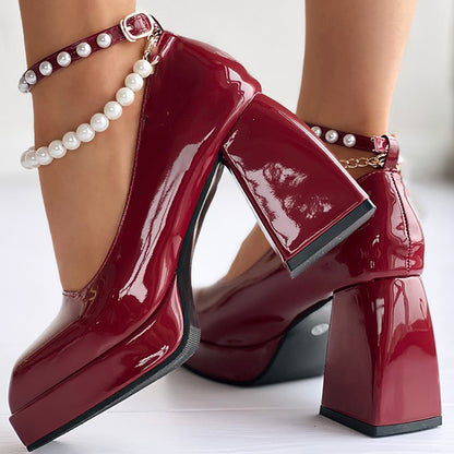 Full Color Patent Leather Platform Mary Janes Pearl Ankle Strap Chunky Heels