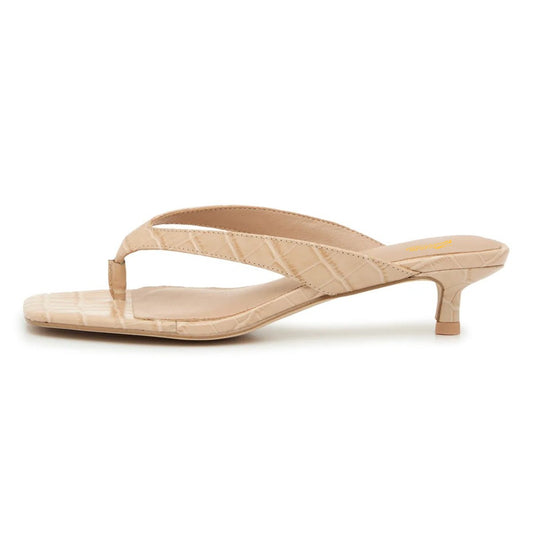 Beige Open Square Toe Crocodile Embossed Flip Flop Low Heel Sandals