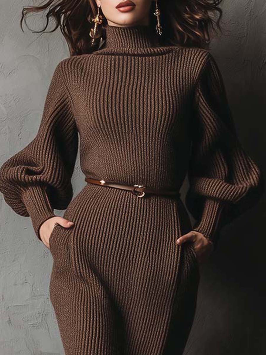 Elegant Brown Knit Midi Dress With Belted Waist