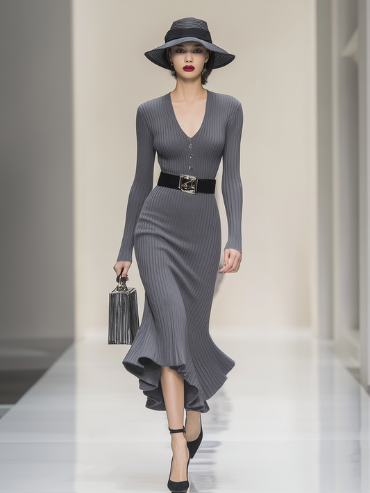 Elegant V-neck Long Sleeve Knitted Maxi Dress