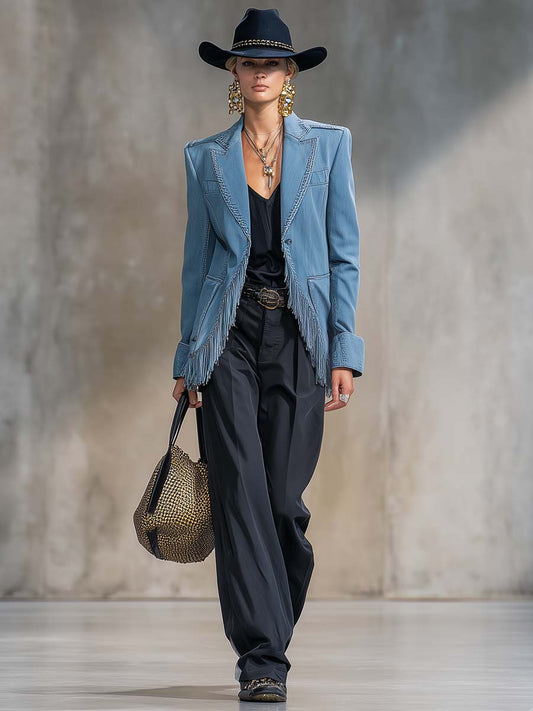 Exquisite Casual Western Style Peak Lapel Tassel Decoration Blue Denim X-shaped Blazer