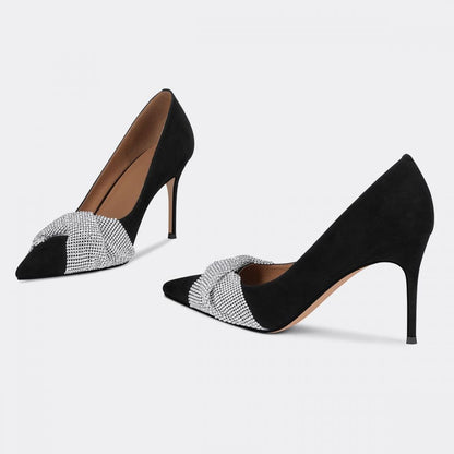 Elegant Black Vegan Suede Rhinestone Twist Strap Decor Pumps Heels
