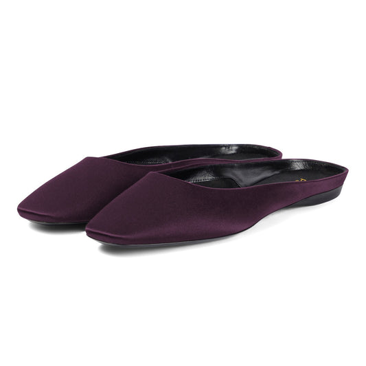 Dark Purple Satin Square Toe Slip-On Flat Simple Mules for Women