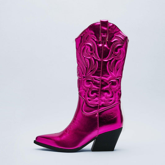 Fuchsia Metallic Embroidered Chunky Heel Wide-Calf Cowgirl Boots