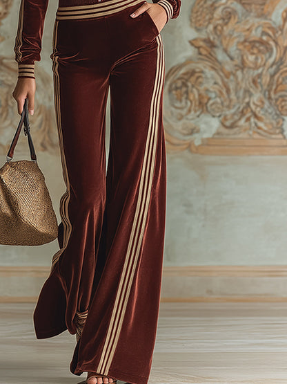 Elegant And Casual Brown Velvet Hooded Top And Striped Trim Wide-leg Pants Set