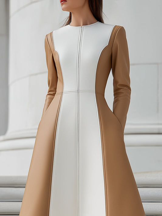 Faux Leather Colorblock Long-Sleeve Midi Dress