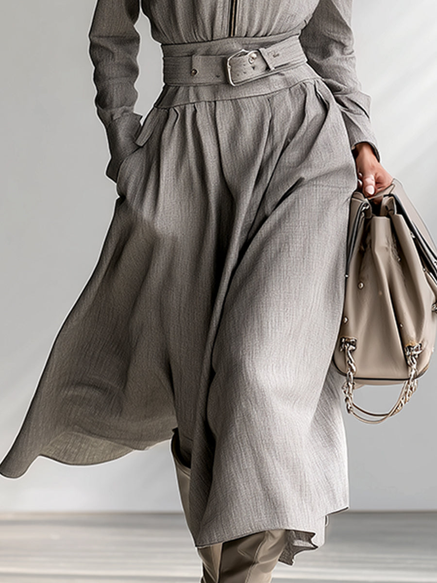 Fashionable And Elegant Silver-gray Lapel Belt Cotton And Linen Long-sleeved Maxi Dress