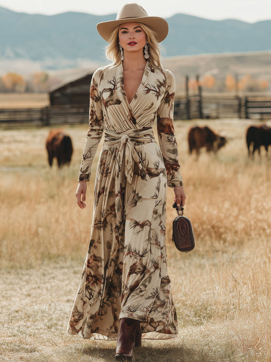 Fashion Retro Apricot Velvet Plum Blossom Print Lace-up Maxi Dress