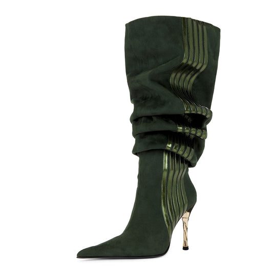 Deep Green Stripes Pointed Toe Stiletto Heel Slouch Boots for Women