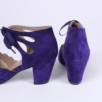 Faux Suede Block Heel Ankle Strap Lace-Up Purple Pumps for Women