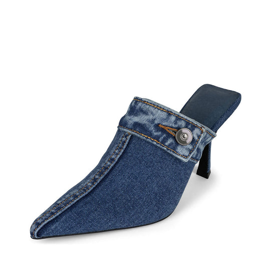 Elegant Blue Denim Pointed Toe Spool Heel Mules for Women