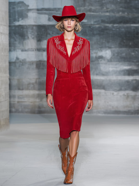 Fashionable Western Style White Embroidered Tassel Red Faux Suede Midi Dress