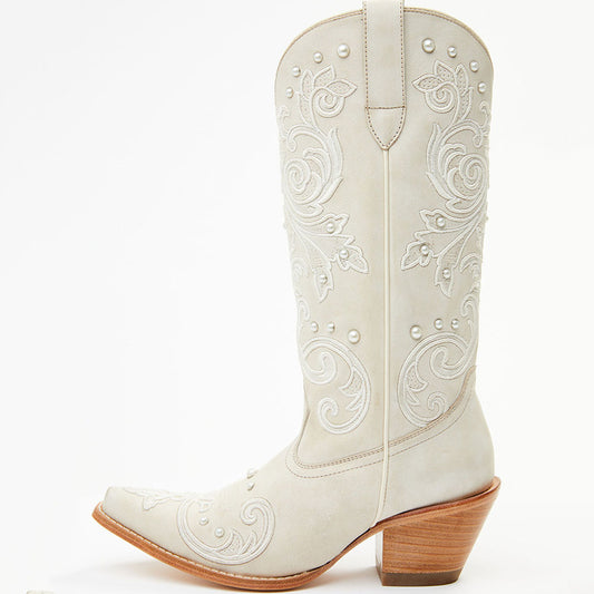 Beige Snip Toe Chunky Heel Embroidery Mid-Calf Cowboy Boots