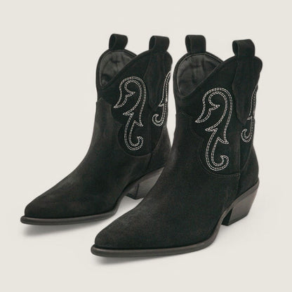 Faux Suede Chunky Heel Embroidered Black Cowgirl Boots for Women