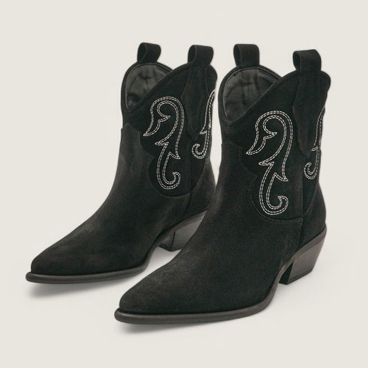 Faux Suede Chunky Heel Embroidered Black Cowgirl Boots for Women