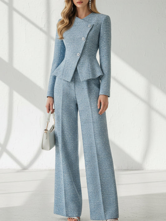 Elegant And Intellectual Blue Tweed Jacket And Wide-leg Pants Set