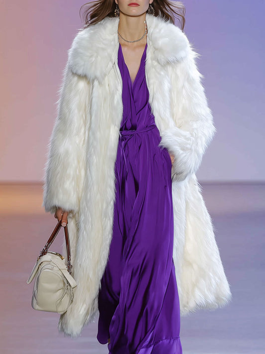 Fashionable And Elegant Retro White Faux Fur Long Coat