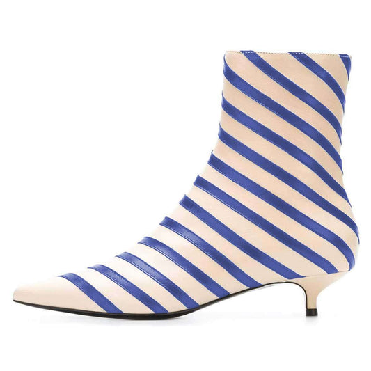 Beige and Blue Pointed Toe Kitten Heel Striped Ankle Boots with Zip