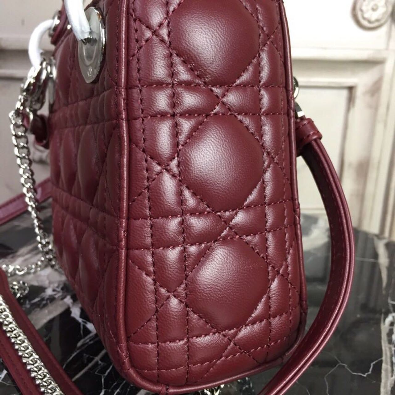 DI Mini Lady Bag with Chain Silver Hardware Burgundy For Women 6.5in/17cm CD