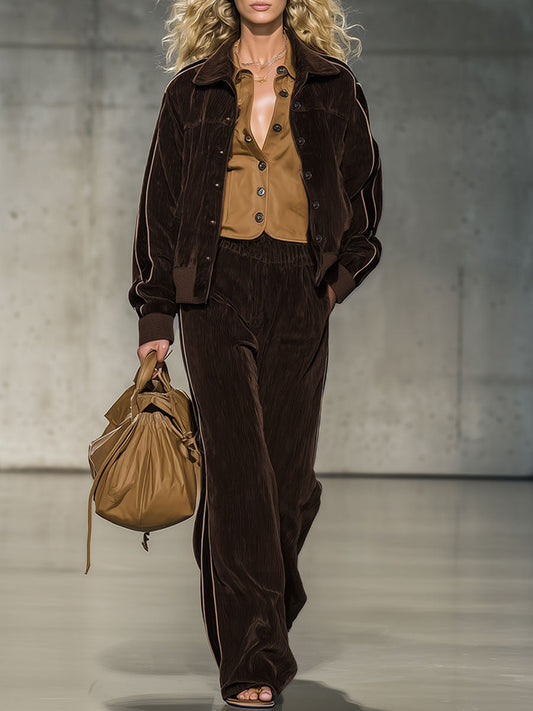 Fashion Retro Cocoa Brown Velvet Ribbed Jacket Wide-Leg Pants Sports Set