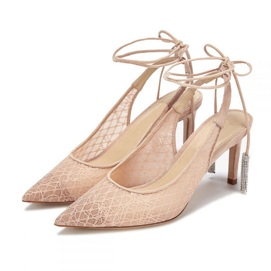 Elegant Nude Lace Pointed Toe Wrap Strap Pumps Heels with Tassels