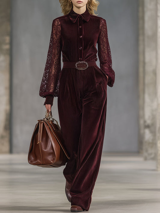 Fashion Retro Wine Red Corduroy Lace Long Sleeve Wide Leg Jumpsuit