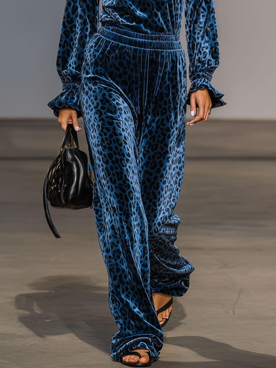 Fashion Royal Blue Velvet Leopard Print Round Neck Ruffled Wide-Leg Jumpsuit
