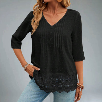 Everyday Swiss Dot V Neck 3/4 Sleeve Guipure Lace Blouse