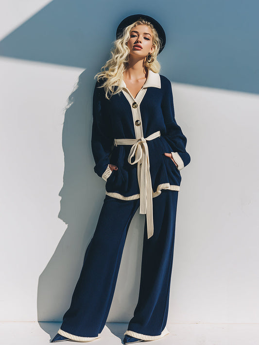 Fashionable Lazy Style White Contrasting Edge Navy Blue Knitted Cardigan Wide-leg Pants Set