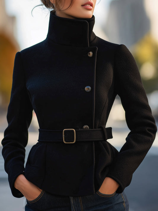 Elegant Black Belted Wool Blend Coat