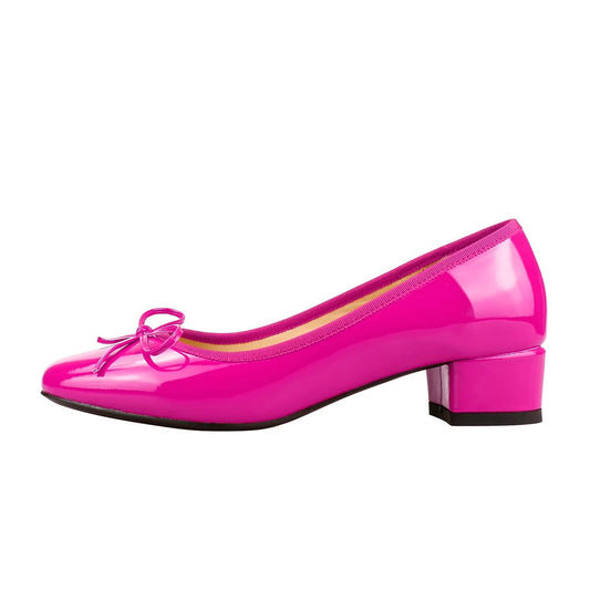 Fuchsia Patent Leather Round Toe Block Heel Pumps Shoes with Bow Decor