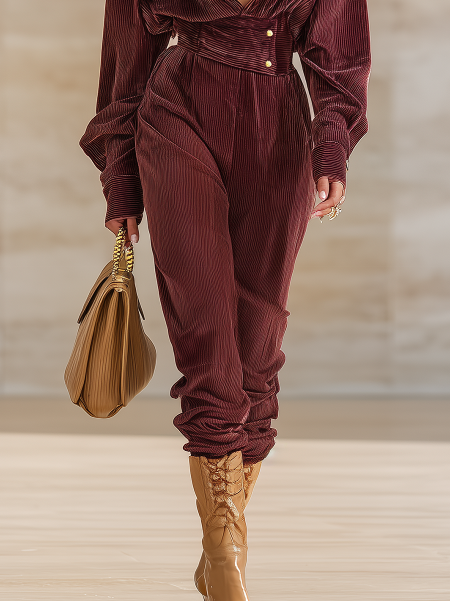 Elegant Stylish Long Sleeve Corduroy Jumpsuit