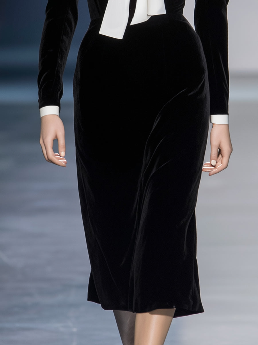 Elegant And Romantic V-neck Bow Black Velvet Midi Dress
