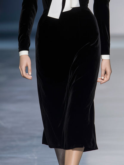 Elegant And Romantic V-neck Bow Black Velvet Midi Dress