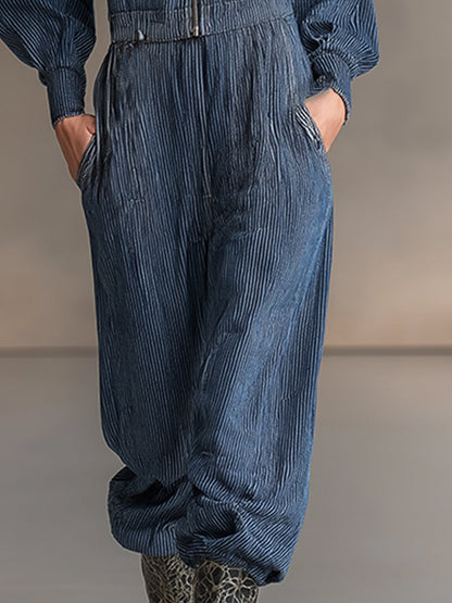 Fashionable Casual Blue Striped Denim Long-sleeved Wide-leg Jumpsuit
