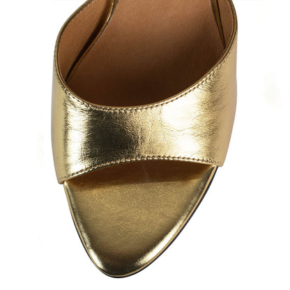 Dull Gold Metallic Round Toe 3'' Flared Heel Wide Band Mules
