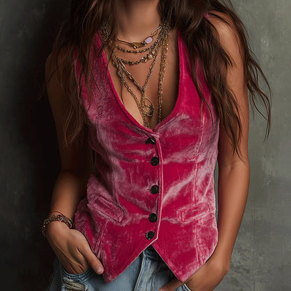 Fashion V Neck Sleeveless Single Breasted Velvet Vest
