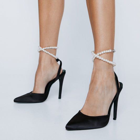 Elegant Satin Pointed Toe Pearl Ankle Strap Black Formal High Heels
