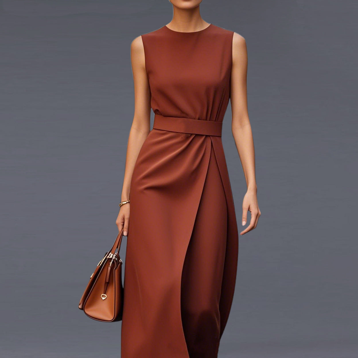 Formal Solid Round Neck Sleeveless Belt Midi Dress