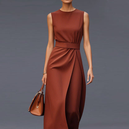 Formal Solid Round Neck Sleeveless Belt Midi Dress