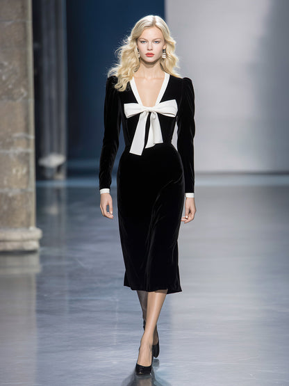 Elegant And Romantic V-neck Bow Black Velvet Midi Dress